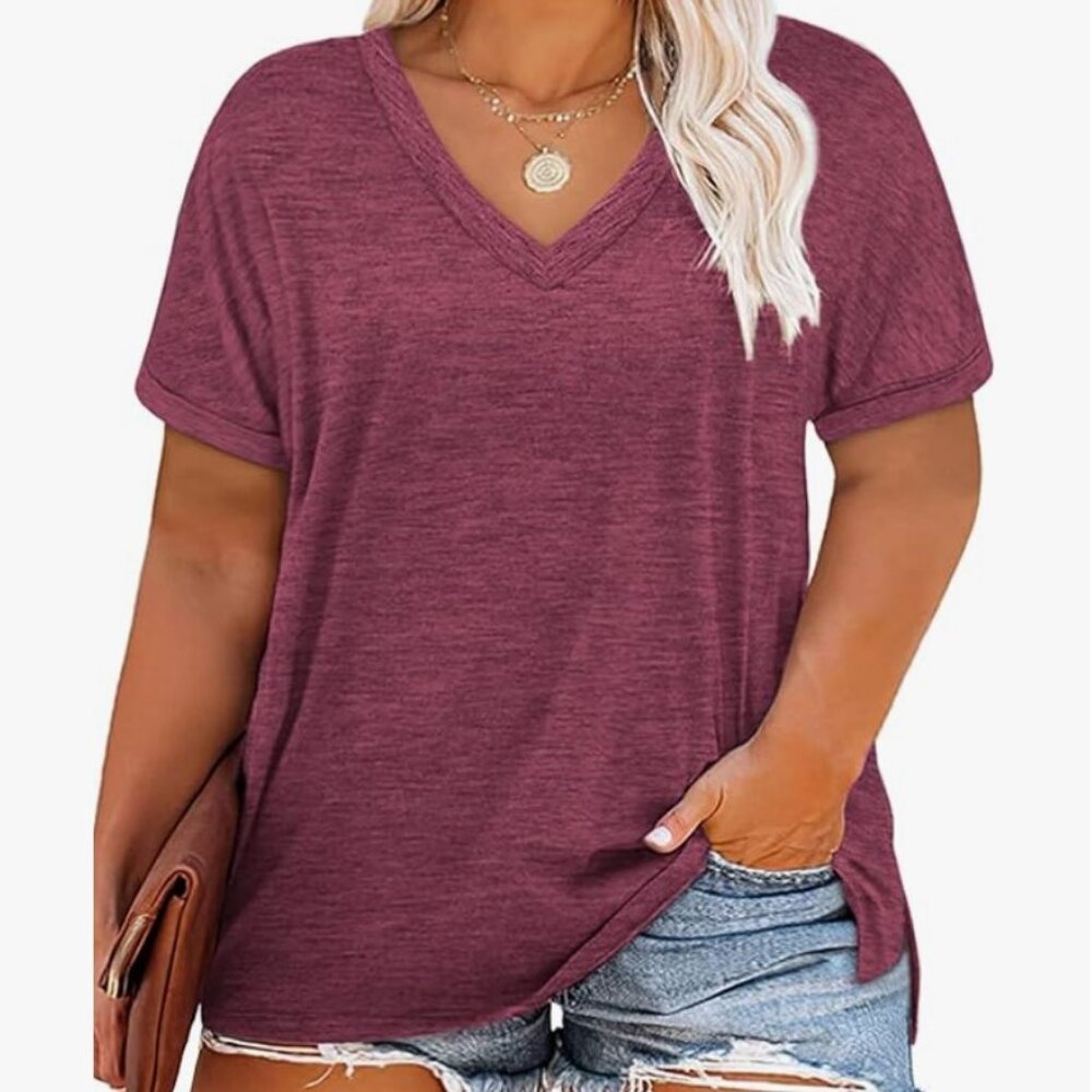 Red v-neck short sleeve shirt